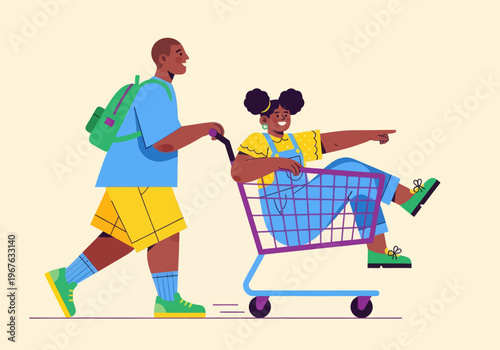 Flat vector illustration of playful African American kids having fun with a shopping cart. Boy pushing girl pointing forward. Colorful modern design for childhood, shopping, or youth concepts.