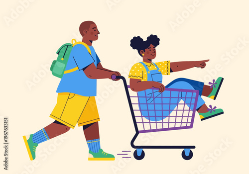 Flat vector illustration of playful African American kids having fun with a shopping cart. Boy pushing girl pointing forward. Colorful modern design for childhood, shopping, or youth concepts.