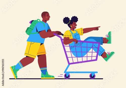 Flat vector illustration of playful African American kids having fun with a shopping cart. Boy pushing girl pointing forward. Colorful modern design for childhood, shopping, or youth concepts.