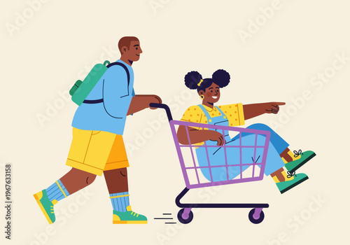 Flat vector illustration of playful African American kids having fun with a shopping cart. Boy pushing girl pointing forward. Colorful modern design for childhood, shopping, or youth concepts.