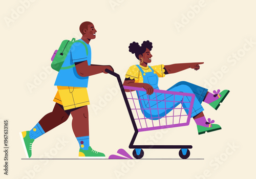 Flat vector illustration of playful African American kids having fun with a shopping cart. Boy pushing girl pointing forward. Colorful modern design for childhood, shopping, or youth concepts.