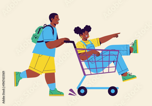 Flat vector illustration of playful African American kids having fun with a shopping cart. Boy pushing girl pointing forward. Colorful modern design for childhood, shopping, or youth concepts.