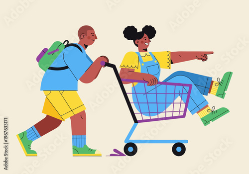 Flat vector illustration of playful African American kids having fun with a shopping cart. Boy pushing girl pointing forward. Colorful modern design for childhood, shopping, or youth concepts.