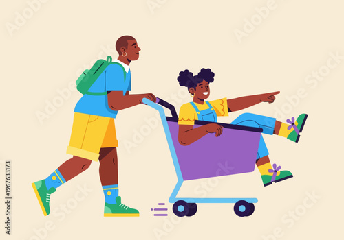 Flat vector illustration of playful African American kids having fun with a shopping cart. Boy pushing girl pointing forward. Colorful modern design for childhood, shopping, or youth concepts.