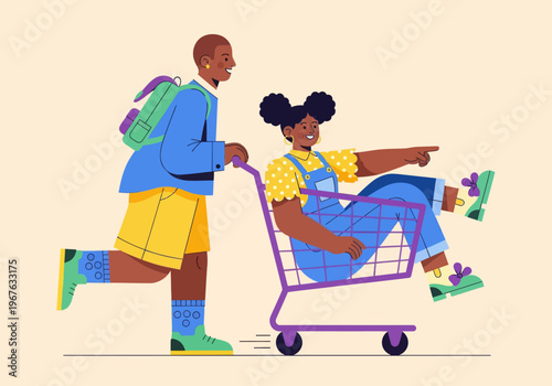 Flat vector illustration of playful African American kids having fun with a shopping cart. Boy pushing girl pointing forward. Colorful modern design for childhood, shopping, or youth concepts.
