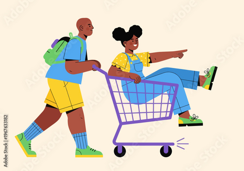 Flat vector illustration of playful African American kids having fun with a shopping cart. Boy pushing girl pointing forward. Colorful modern design for childhood, shopping, or youth concepts.