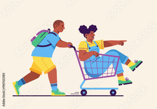 Flat vector illustration of playful African American kids having fun with a shopping cart. Boy pushing girl pointing forward. Colorful modern design for childhood, shopping, or youth concepts.