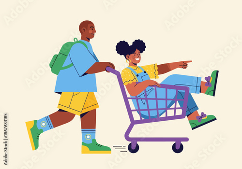 Flat vector illustration of playful African American kids having fun with a shopping cart. Boy pushing girl pointing forward. Colorful modern design for childhood, shopping, or youth concepts.