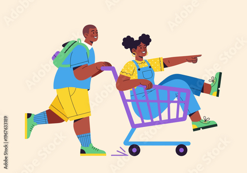 Flat vector illustration of playful African American kids having fun with a shopping cart. Boy pushing girl pointing forward. Colorful modern design for childhood, shopping, or youth concepts.