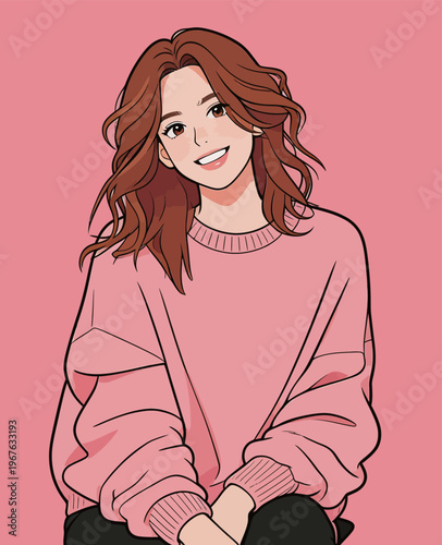 Young woman smiles while sitting on a pink background with her arms resting on her knees in a casual setting