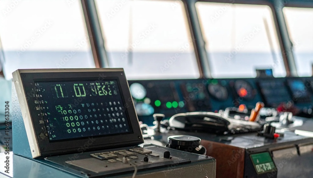 Fototapeta premium Modern Ship Bridge Control Panel with Digital Display and Navigation Equipment.