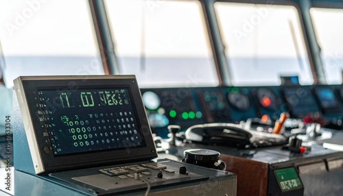 Modern Ship Bridge Control Panel with Digital Display and Navigation Equipment.
