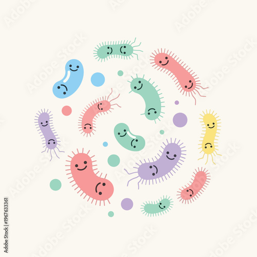 Cute cartoon bacteria illustration with happy faces, a fun and colorful depiction of microscopic organisms