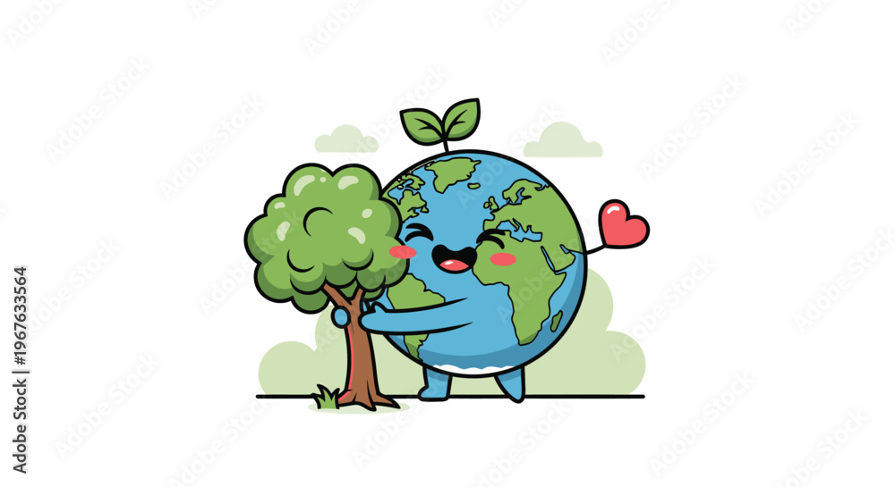 Fototapeta premium Cute chibi Earth globe mascot with a smiling face and a green sprout on its head hugging a lush green tree with a small red heart symbol, vector illustration on white background.
