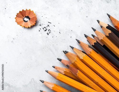 Pencils and Shavings on White Background.
