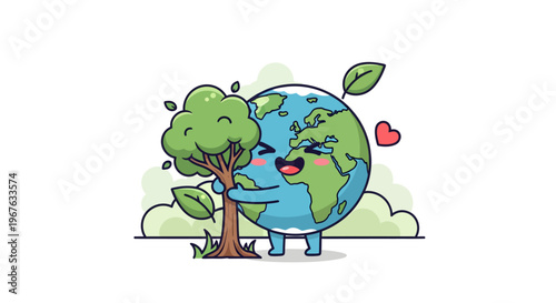 Cute chibi planet Earth mascot character with a smiling face and blushing cheeks hugging a green leafy tree, featuring a small red heart and flat vector illustration style.