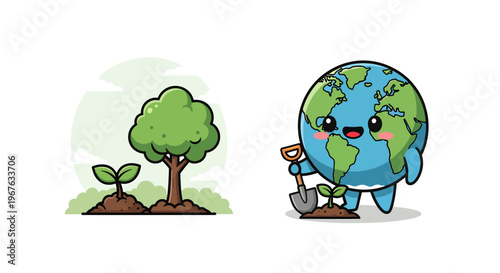 Cute chibi planet Earth mascot holding a shovel and planting a green sapling in soil, cartoon globe character with a smiling face promoting reforestation and environmental care.
