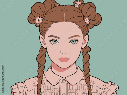 Young girl with braided hair and floral decorations stands against a solid background while looking directly at the viewer