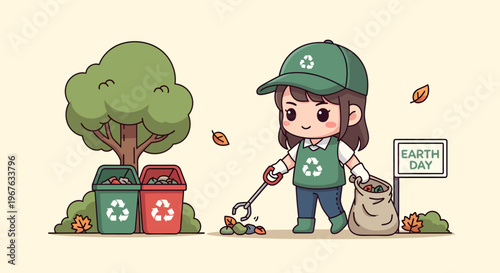 Chibi girl volunteer wearing a green recycling vest and cap picking up litter with a reacher tool into a bag near a tree and sorted recycling bins for Earth Day awareness.