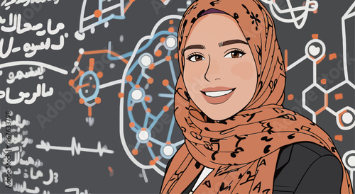 Young woman wearing a hijab stands in front of a scientific background with drawings and equations during a school event in a classroom