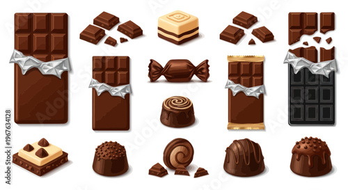 Assortment of Delicious Chocolate Candies and Bars, Sweet Treats Collection