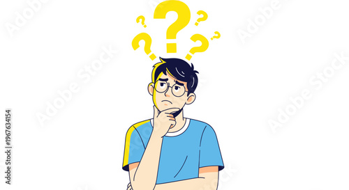 Confused young man with question marks above head, thinking and searching for answers