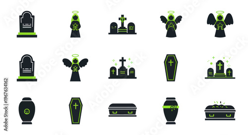 Funeral Icons: Gravestones, Coffins, Angels, Urn, Crosses - Death and Mourning Symbols