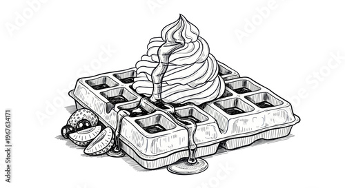Hand-Drawn Waffle Dessert with Cream and Berries, Sketch Style