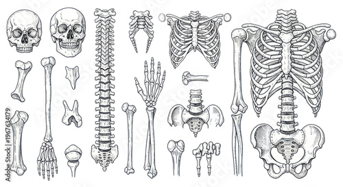 Human Skeleton Anatomy Illustration - Bones, Skull, Spine, Ribs, Pelvis, Limbs