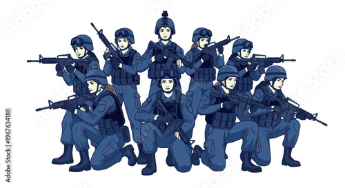 Military Women Soldiers Squad Formation with Rifles, Teamwork Concept