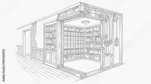 Detailed architectural sketch of an interior room with numerous storage compartments and a complex pulley-operated door mechanism.