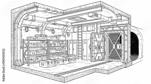 Detailed cross-section illustration of a secure underground bunker or vault with storage shelves and a heavy blast door.
