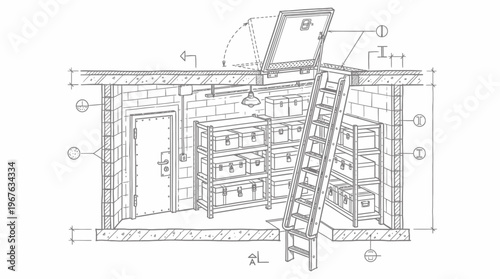 Technical drawing of an underground bunker or cellar with shelves, storage boxes, a door, and an access ladder.