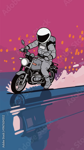 Motorcycle rider performing stunts in a colorful city scene at night with bright lights
