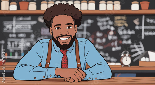 Barista smiles while serving customers in a downtown cafe during the morning rush hour