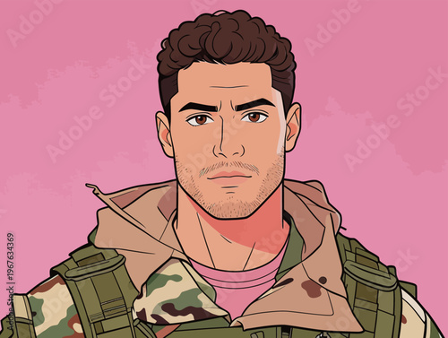 Soldier in military uniform poses against pink background while looking directly at the viewer