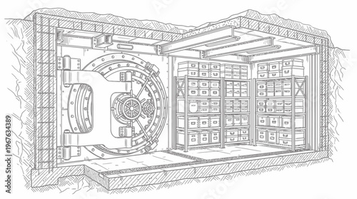 Detailed cross-section illustration of a secure underground vault with a massive circular door and interior storage shelves.