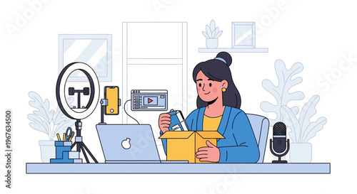 Woman unboxing product for live streaming with ring light and microphone