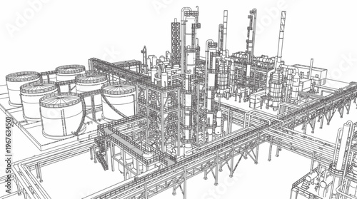 Detailed wireframe rendering of a large industrial oil refinery or chemical plant with tanks and pipelines.