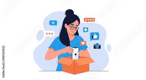Woman unboxing smartphone with social media icons and stars, online shopping concept