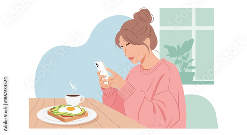 Woman using smartphone at breakfast table with avocado toast and coffee