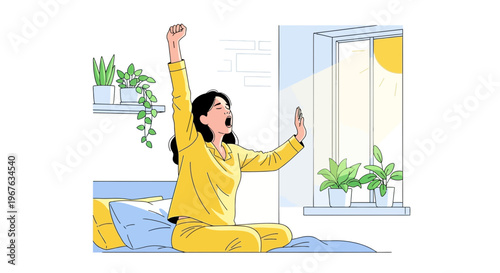 Woman waking up stretching in bed, morning sunlight streaming through window