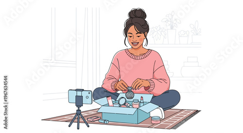 Woman unboxing beauty products for social media video, influencer lifestyle