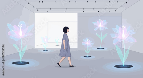 Woman Walking Through Futuristic Digital Art Gallery with Holographic Flowers