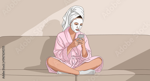 Woman with face mask and towel on head using smartphone while relaxing on sofa