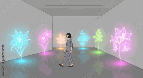 Woman walking through holographic glowing flowers in a futuristic art gallery