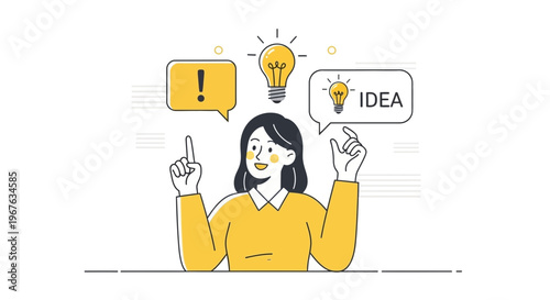 Woman with lightbulb ideas and exclamation mark in speech bubbles, brainstorming concept