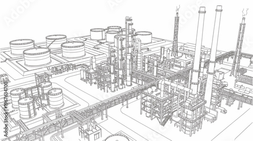 Detailed wireframe blueprint of a large industrial oil refinery or chemical plant complex with numerous tanks, pipes, and processing units.
