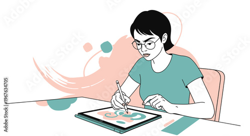 Young Woman Artist Drawing on Tablet, Creative Digital Art, Focused Expression