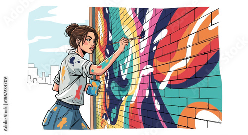 Young woman artist painting a colorful abstract mural on a brick wall outdoors